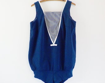 Vintage Marian Sue Mid Century Swimsuit Navy Blue and White Sailor Style
