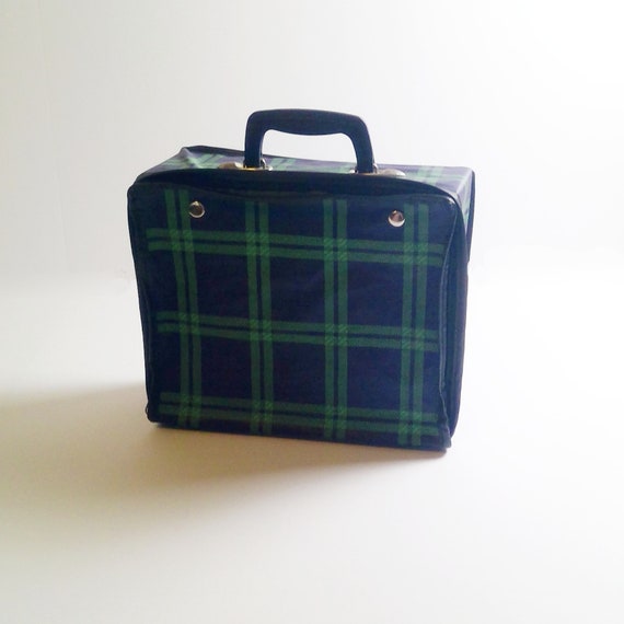 Vintage Soft Sided Blue and Green Plaid Carrying C