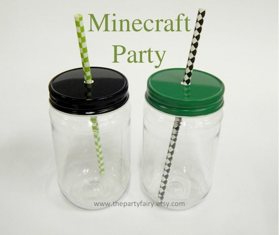 Plastic Mason Jars, 15 Minecraft Party Mason Jars with Green & Black Metal Jar Lids, Minecraft Party Favor, Minecraft Birthday, Plastic Cups Il_570xn