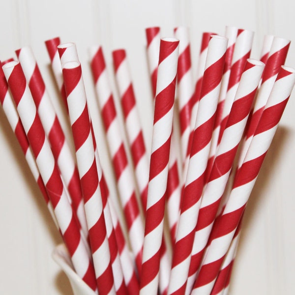 Red Striped Straws, 25 Red Stripe Paper Drinking Straws with Diy Flags, Memorial Day, Fourth of July, Carnival, Weddings,