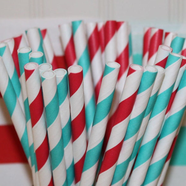 Paper Straws,  25 Dr. Seuss Party Paper Straws, Party Paper Straws, Red Striped Straw, Dr. Seuss Birthday, Dr. Seuss Baby Shower, Aqua & Red