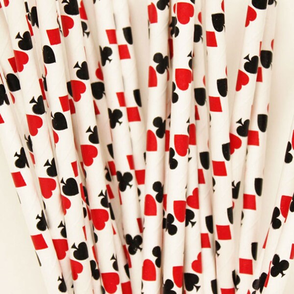 Paper Straws, 50 Casino Paper Straws, Red Hearts Diamonds Spades Clubs, Alice In Wonderland, Bunco Straw, Playing Cards Paper Straws,  Polka