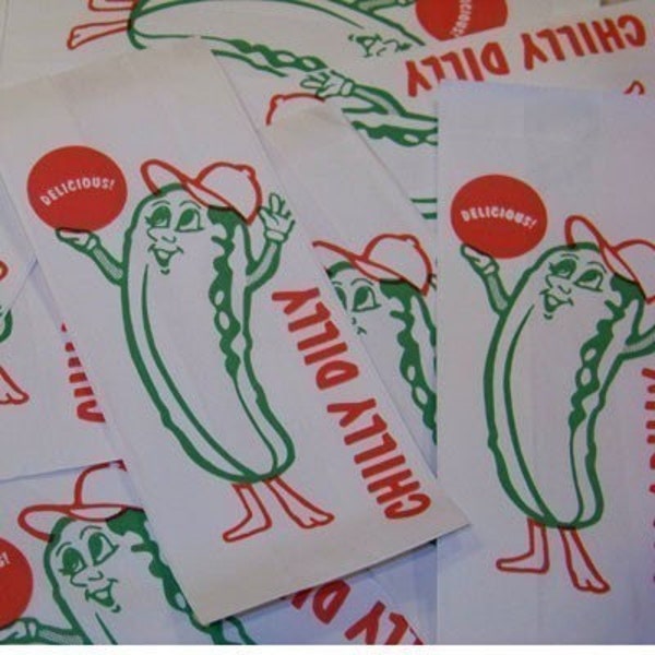 50 Chilly Dilly Pickle Bags, Carnival, Circus, Concessions, Movie, Pickles, Party, Food, Paper Bags, Fun Bags, Cute, Vintage, Retro, Cartoon