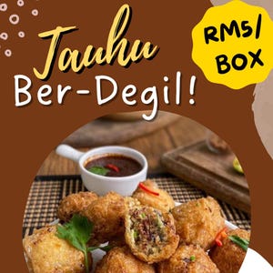 May include: A plate of deep-fried tofu puffs, called "Tahu Ber-Degil", with a side of dipping sauce. The text "RMS1 BOX" is in the upper right corner of the image.