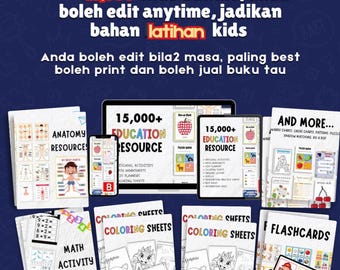 Könnte beinhalten: Eine Sammlung von Lernmaterialien für Kinder, darunter Arbeitshefte, Karteikarten und digitale Ressourcen. Das Bild zeigt den Text "15.000 Kids Bundle" und enthält Anatomie-Ressourcen, Mathe-Aktivitätsseiten, Malvorlagen und Karteikarten.