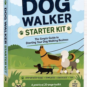 以下が含まれることがあります： 「DOG WALKER STARTER KIT: The Simple Guide to Starting Your Dog Walking Business」というタイトルの水色の本。表紙にはリードにつながれた3匹の犬のイラストが描かれており、ドッグウォーカー向けの20ページのガイドブックであることが記載されています。