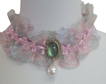 Pink and Green Lace Cameo with Pearl, Victorian Neck Ruff Choker,  Ruffled Vampire Gothic, Marie Antionette Rococo Costume, Charlotte