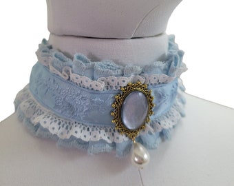 Baby Blue Eyelet and Lace Cameo with Pearl, Victorian Neck Ruff Choker,  Ruffled Vampire Gothic, Marie Antionette Rococo Costume, Charlotte