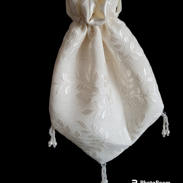 Ivory Leaf Brocade Regency Reticule purse bag, Beaded, drawstring Bridgerton Daphne Jane Austen Emma Costume, Pride and Prejudice, Edwardian