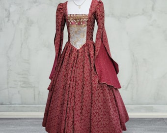Bust 35.5" Red and Gold Tudor Anne Boleyn Dress, Gown, Medieval Costume, Regina OUAT Evil Queen Costume, The Tudors #44
