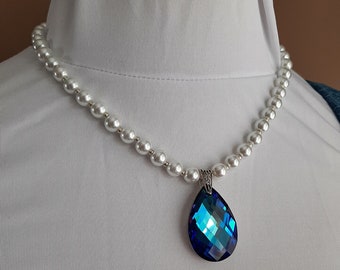 Bermuda Blue Crystal Tear drop Pearl Pendant Necklace, Anne Boleyn Tudor Renaissance Jewelry, Medieval Costume Necklace, The Tudors Queen