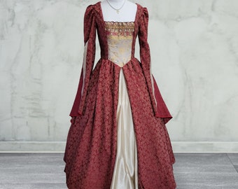 Bust 38" Red and Gold Floral Tudor Anne Boleyn Dress,Gown, Medieval Costume, Regina OUAT Evil Queen Costume, The Tudors