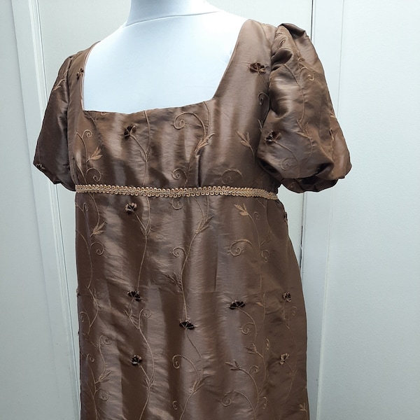 Bust 43-46" Mocha Embroidered Taffeta Regency Dress, Bridgerton Daphne Ball Gown, Jane Austen Emma Costume, Pride and Prejudice, Edwardian