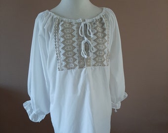 Weiß und Gold Hüftlange Baumwolle Chemise, Renaissance Kostüm Hemd Bluse, Mittelalterliches Bauern Hemd, Piraten Dirne Bardame, BWG1