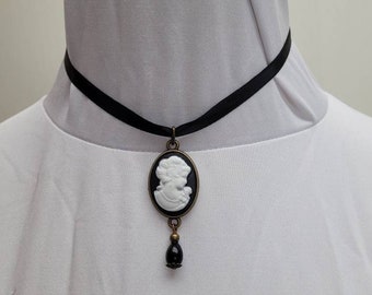 Cameo Choker Necklace, Ribbon, Chain, Regency Victorian Emma Poldark Jane Austen Costume, Pride and Prejudice, TVD Katherine