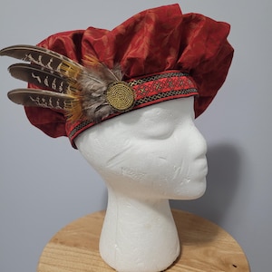 Red and Gold Muffin Cap, Tudor Renaissance Faire Costume Hat, Medieval Caul, Prince Elizabethan Hat, LARP Celtic SCA costume