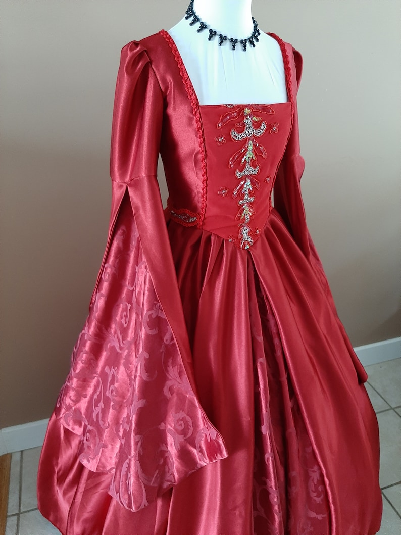 Bust 36 Red Satin and Silver Tudor Anne Boleyn Wedding Dress Medieval Costume OUAT Queen Costume The Tudors #27 Game of Thrones Gown
