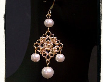 Desire Pearl Filigree Earrings, Tudor Renaissance Costume, Anne Boleyn, The Tudors jewelry, Wedding Jewelry