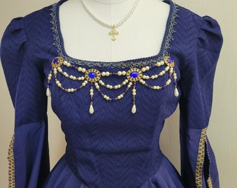 Sapphire and Gold Banners Tudor Renaissance Bodice Jewelry,  Bodice Pearls Costume Piece, Brooch