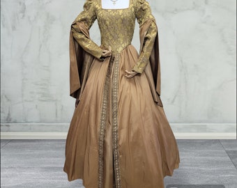 Bust 37" Gold Taffeta Jacquard Tudor Anne Boleyn Dress Gown, Medieval Costume, Regina OUAT Evil Queen Costume, The Tudors