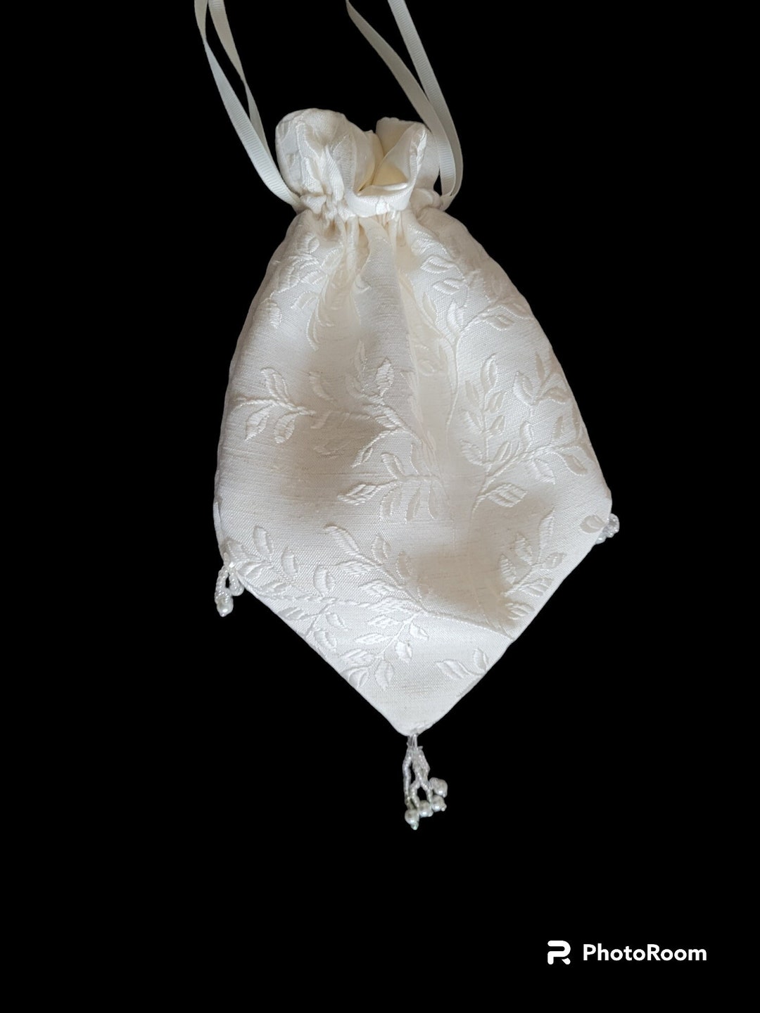 Ivory Leaf Brocade Regency Reticule Purse Bag, Beaded, Drawstring ...