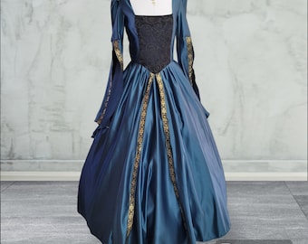 Bust 39" Teal Satin Tudor Anne Boleyn Dress, Gown, Medieval Costume, Regina OUAT Evil Queen Costume, The Tudors