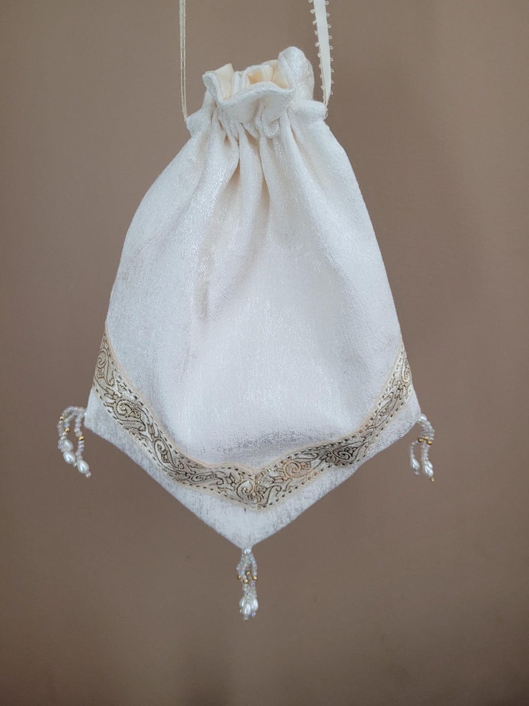 Cream Ivory Regency Reticule Purse Bag, Beaded, Drawstring Jane Austen ...