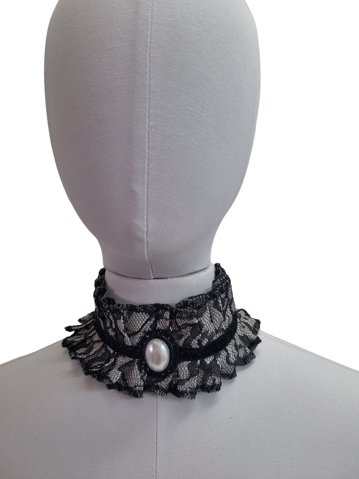 White and Black Lace Pearl Cameo, Victorian Neck Ruff Choker, Ruffled ...