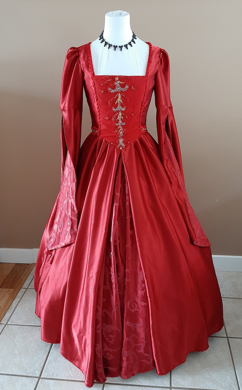 Bust 36 Red Satin and Silver Tudor Anne Boleyn Wedding Dress Medieval Costume OUAT Queen Costume The Tudors #27 Game of Thrones Gown