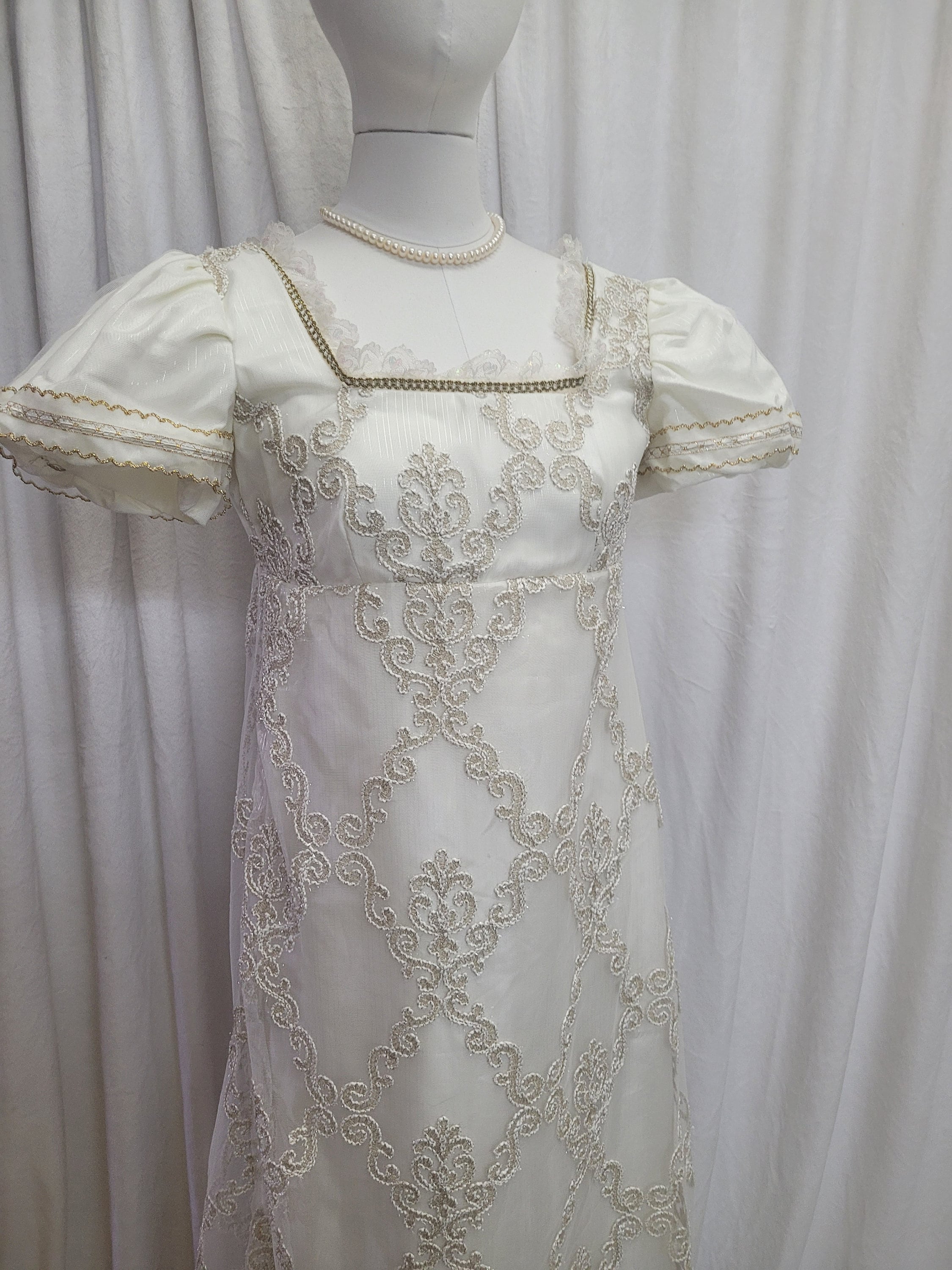 Bust 34-38 Ivory and Gold Lace Regency Dress, Bridgerton Daphne