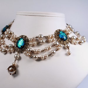 Lotus Pearl Tudor Necklace, Renaissance Medieval Costume Jewelry, Wedding Bridal, Regency Victorian Jewelry