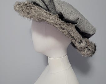 Grey with Fur Trim Tudor Elizabethan Hat,  Floppy Hat, Renaissance Medieval Costume,  King Henry Cap, LARP Celtic SCA costume