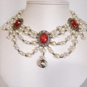 Red Sparkle Lotus Pearl Tudor Necklace, Renaissance Medieval Costume Jewelry,  Wedding Bridal, Regency Victorian Jewelry