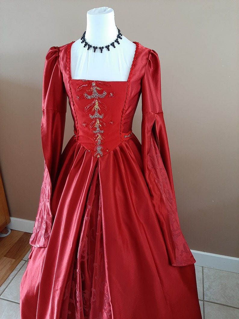 Bust 36 Red Satin and Silver Tudor Anne Boleyn Wedding Dress Medieval Costume OUAT Queen Costume The Tudors #27 Game of Thrones Gown