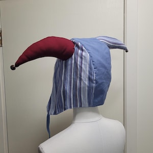 Blue Waves Jester Hat with Bells, Fool Costume, Renaissance Medieval Headwear, Bard