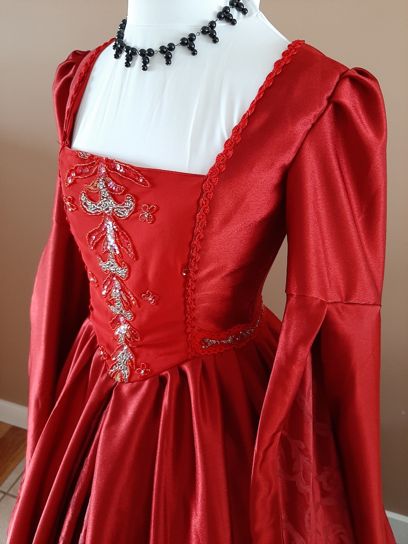 Bust 36 Red Satin and Silver Tudor Anne Boleyn Wedding Dress Medieval Costume OUAT Queen Costume The Tudors #27 Game of Thrones Gown