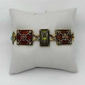 Liz Claiborne Bracelet Enamel Floral Panel Green Red Details Gold-Tone Vintage