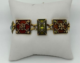 Liz Claiborne Bracelet Enamel Floral Panel Green Red Details Gold-Tone Vintage