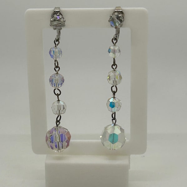 Vintage Aurora Borealis Bead Dangle Drop Clip-On Earrings Silver Tone Sparkle