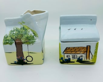 Vintage Hand-Painted Ceramic Milk Carton Creamer & Sugar Bowl Set (1930s Cottagecore)