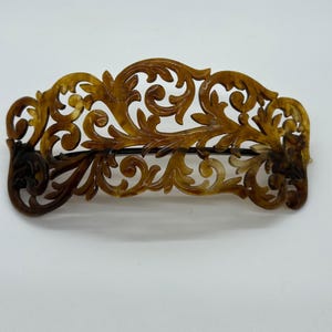 Antique Edwardian Carved Hair Comb Best-Hold Patent 1907 Clasp Celluloid Brown
