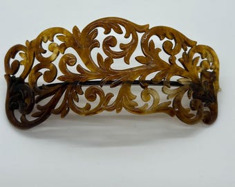Antique Edwardian Carved Hair Comb Best-Hold Patent 1907 Clasp Celluloid Brown