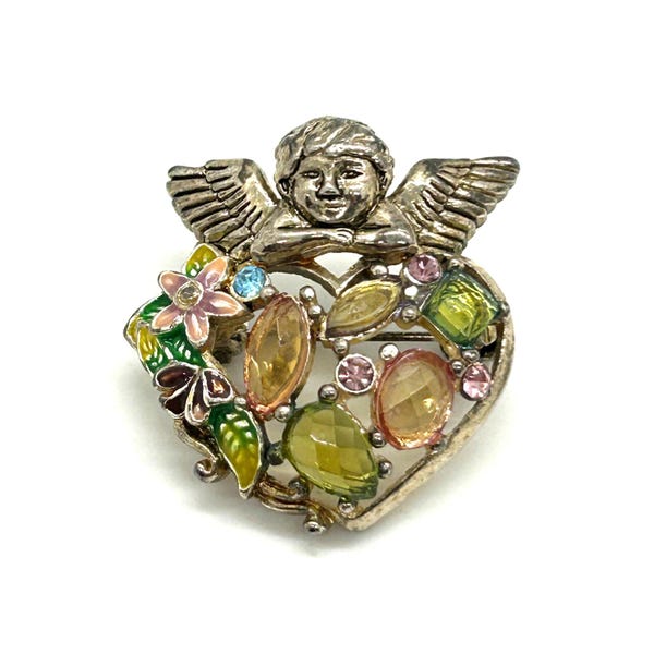 Vintage Cherub Angel Heart Brooch Lucite Stones Flower Design Blacklight Glow