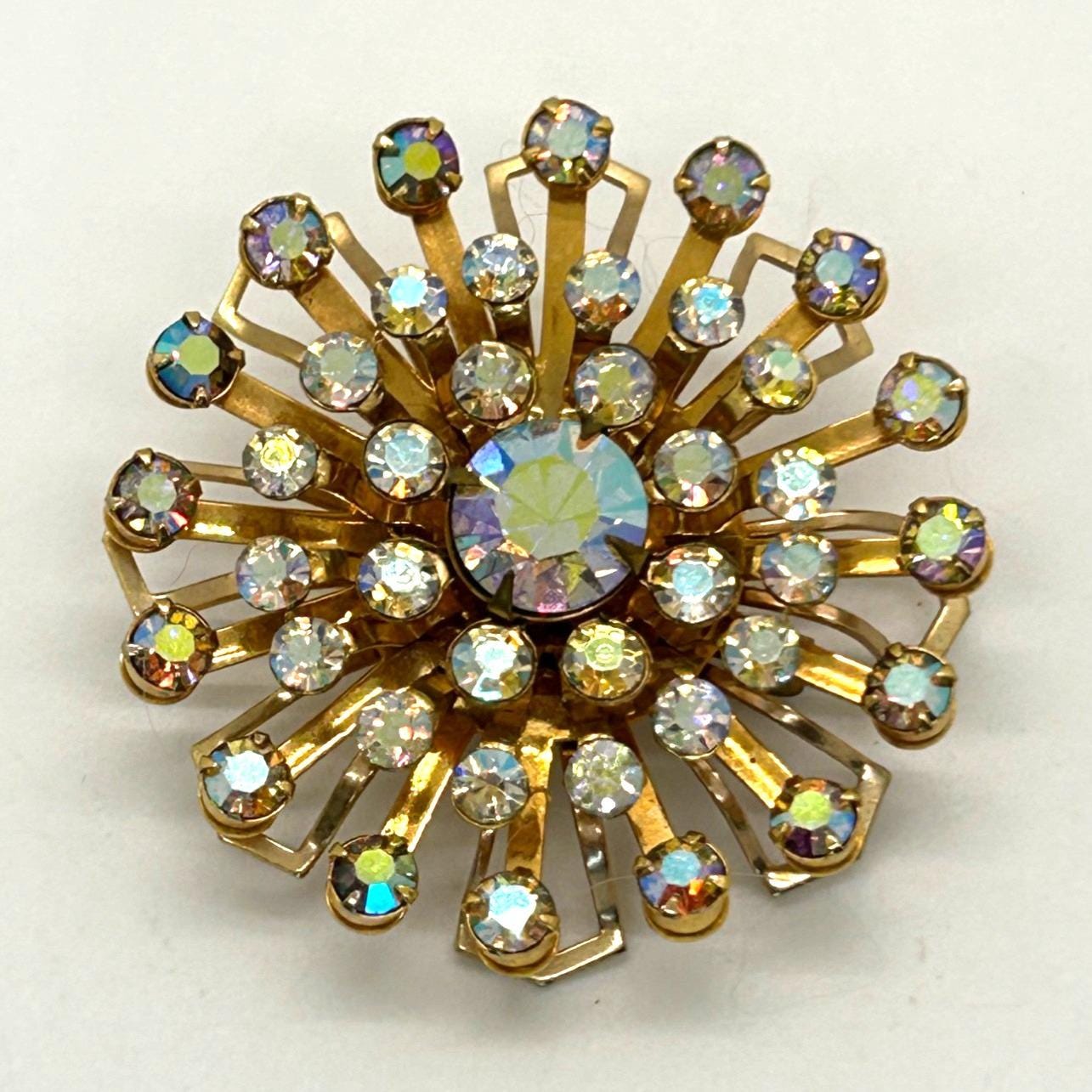 Vintage 60s ブローチ ガラス オーロラボレアリス 662 Blue Rhinestone Brooch Aurora Borealis Vintage 1960s Glam