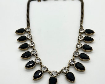 J.Crew Moody Black Necklace Teardrop Rhinestone Statement Antique Gold Bib