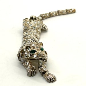 Vintage Articulated Brooch Rhinestone Leopard Shoulder Silver-Tone & Gold-Tone