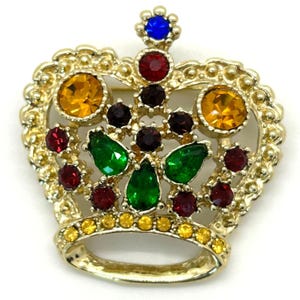 Vintage Crown Brooch Pin Gold-Tone With Multicolor Rhinestone