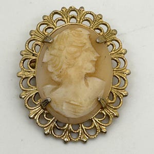 May include: An oval cameo brooch featuring a carved beige profile of a person facing right, set within an ornate gold-tone metal frame with intricate filigree detailing. The central carving is secured by four small metal prongs at the edges.