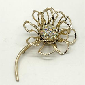 Vintage Aurora Borealis Brooch Rhinestone Sarah Coventry Gold-Tone Flower 1960s