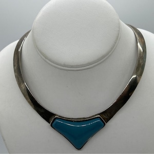 Vintage Collar Necklace Silver Tone Turquoise Acrylic Inlay Geometric Design
